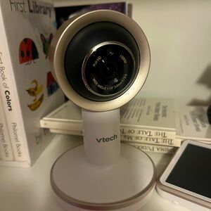 V-tech baby monitor,  video, sound and can talk back to baby through the monitor